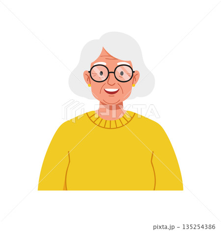 Elderly woman with white hair and glasses wearing yellow sweater portrait vector illustration 135254386