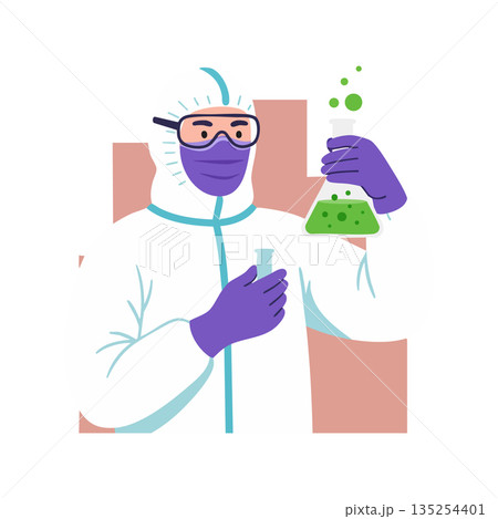 Scientist in protective suit holding green chemical in laboratory flask vector illustration 135254401