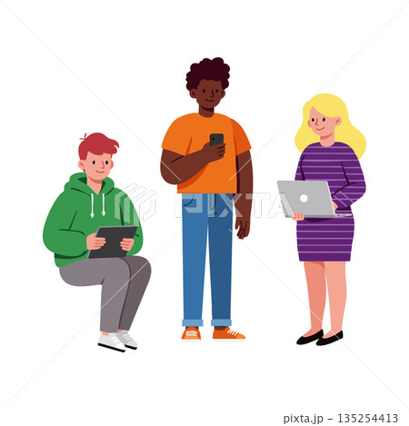 Diverse group of young people using digital devices in casual setting with modern technology vector illustration 135254413
