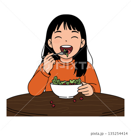 Girl Enjoying Healthy Salad Meal Eating Happy Lifestyle Illustration Vector 135254414