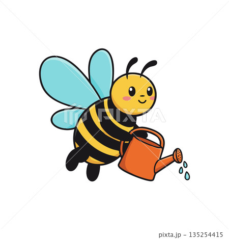 Cute bee flying with blue wings holding orange watering can vector illustration 135254415