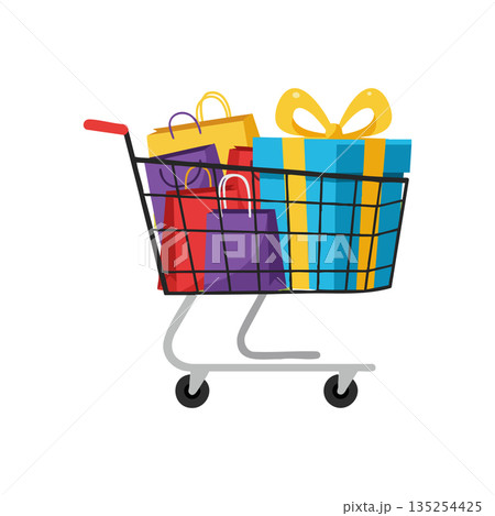 Shopping cart filled with colorful gift boxes and shopping bags for festive occasions vector 135254425