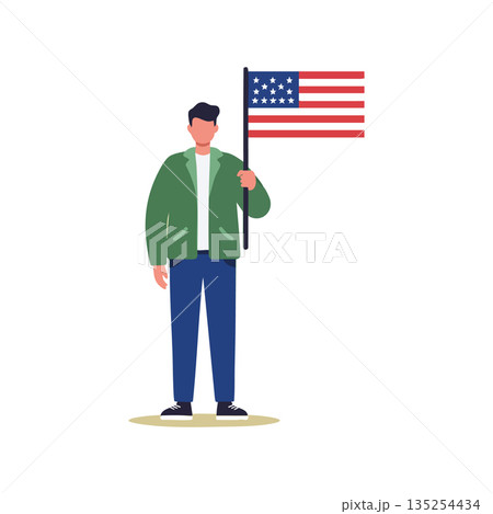 Man holding United States flag patriotic expression vector illustration standing outdoors 135254434
