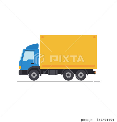 Delivery truck with blue cab and yellow cargo box side view vector illustration Delivery truck with blue cab and yellow cargo box side view vector illustration 135254454