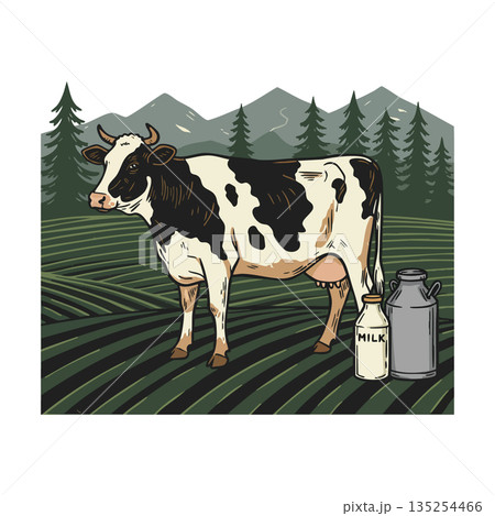 Cow standing in green field with milk cans and pine trees under mountain landscape vector illustration 135254466