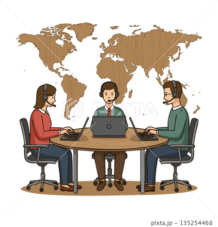 Remote team working together on laptops with world map backdrop in office environment for global communication and collaboration 135254468