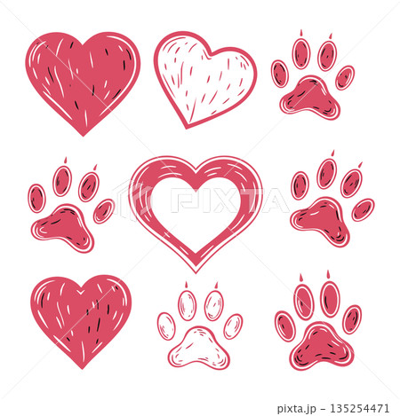 Heart and paw print vector set with red and white colors for pet love design and animal affection illustrations Heart and paw print vector set with red and white colors for pet love design and animal affection illustrations 135254471