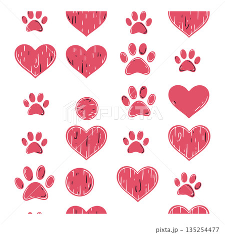 Red hearts and paws seamless pattern vector design for pet lovers and romantic themed backgrounds 135254477