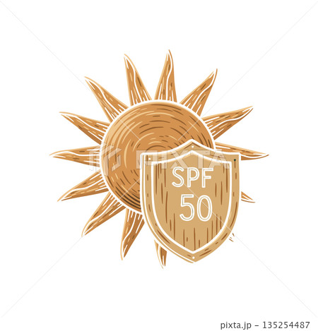 Sun protection shield with SPF 50 icon vector illustration for skincare and sun safety concepts in natural brown tones Sun protection shield with SPF 50 icon vector illustration for skincare and sun safety concepts in natural brown tones 135254487