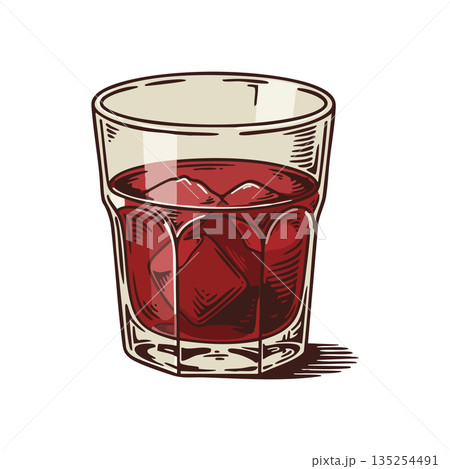Glass of red drink with ice cubes hand drawn vintage style vector illustration for beverage design and bar menu ideas Glass of red drink with ice cubes hand drawn vintage style vector illustration for beverage design and bar menu ideas 135254491