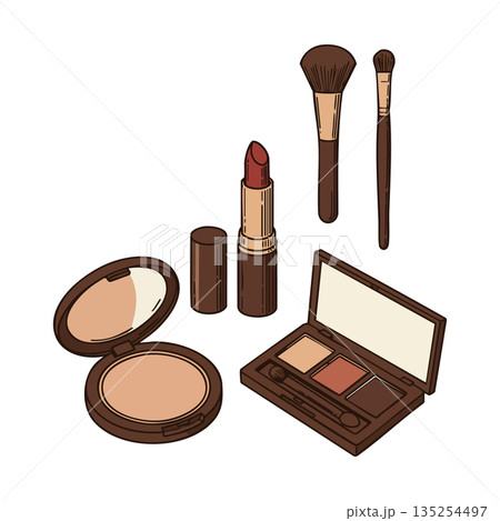 Makeup cosmetic set with lipstick powder compact eyeshadow palette and brushes in brown shades vector illustration Makeup cosmetic set with lipstick powder compact eyeshadow palette and brushes in brown shades vector illustration 135254497