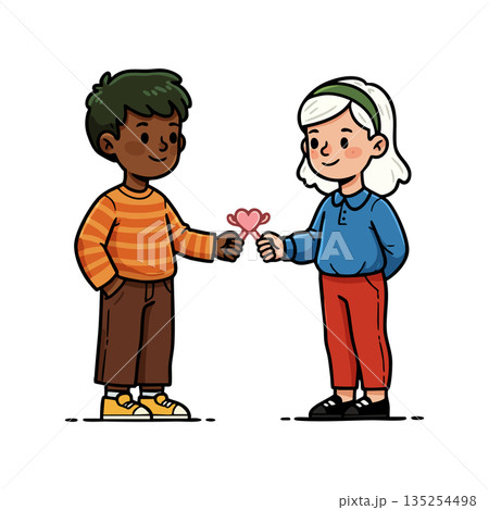 Children exchanging heart symbol friendship and kindness vector illustration in casual clothes and warm colors Children exchanging heart symbol friendship and kindness vector illustration in casual clothes and warm colors 135254498