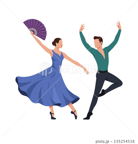 Flamenco dancers performing traditional Spanish dance with fan and dynamic poses vector illustration 135254518
