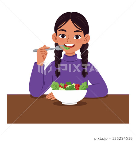 Girl eating fresh green salad with tomatoes at table healthy lifestyle vector illustration 135254519
