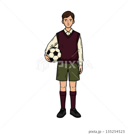 Boy Holding Soccer Ball in Vintage Sportswear Vector Illustration in Standing Pose Boy Holding Soccer Ball in Vintage Sportswear Vector Illustration in Standing Pose 135254523