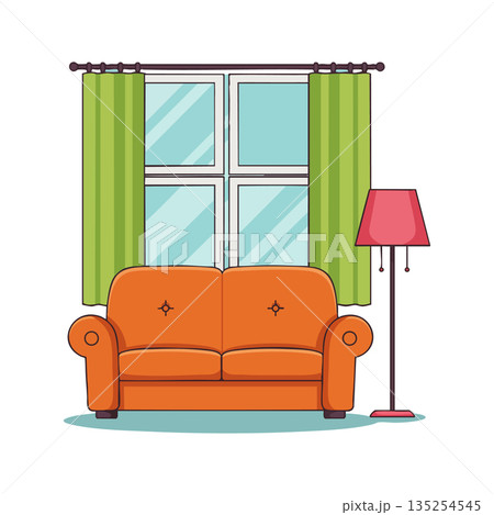 Orange sofa with green curtains and red floor lamp in cozy living room interior vector illustration 135254545