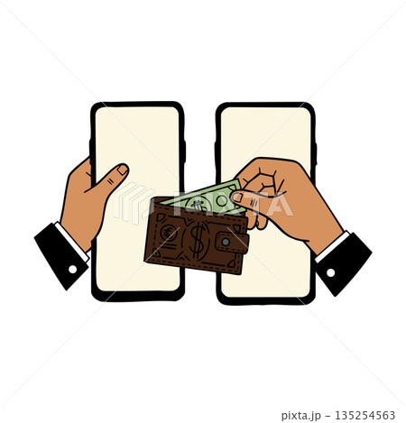 Hands Holding Smartphones and Wallet with Dollar Bill Vector Illustration Hands Holding Smartphones and Wallet with Dollar Bill Vector Illustration 135254563
