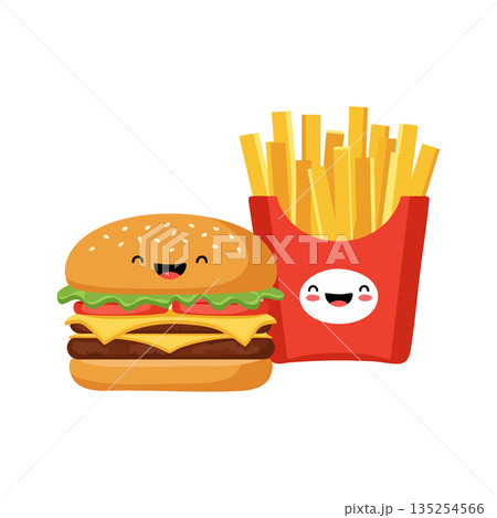 Hamburger and French Fries Cartoon Characters Smiling Happy Fast Food Vector Illustration Hamburger and French Fries Cartoon Characters Smiling Happy Fast Food Vector Illustration 135254566