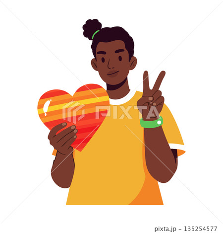 Young person holding striped heart and making peace sign in casual outfit vector illustration Young person holding striped heart and making peace sign in casual outfit vector illustration 135254577