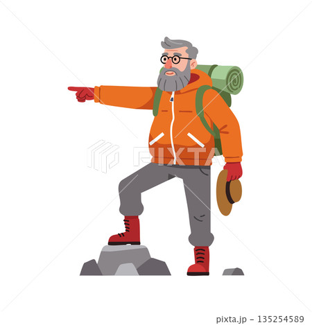 Elderly hiker with backpack pointing direction in orange jacket and gray pants vector illustration Elderly hiker with backpack pointing direction in orange jacket and gray pants vector illustration 135254589