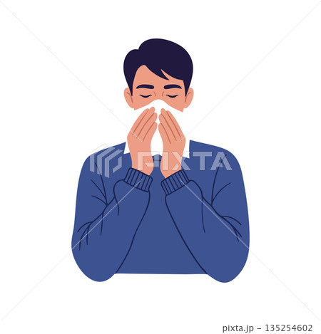 Man blowing nose with tissue in blue sweater vector illustration health care hygiene image Man blowing nose with tissue in blue sweater vector illustration health care hygiene image 135254602