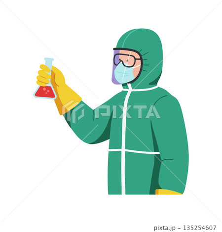 Scientist in protective suit holding flask with red liquid vector illustration Scientist in protective suit holding flask with red liquid vector illustration 135254607