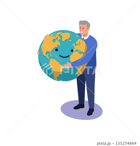 Man hugging happy smiling earth globe showing environmental care and global love vector illustration 135254664