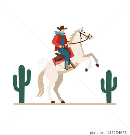 Cowboy riding white horse rearing up between two green cacti desert wild west vector illustration 135254678