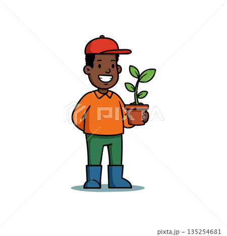 Young boy holding potted plant smiling wearing red cap orange sweater green pants and blue boots vector illustration 135254681