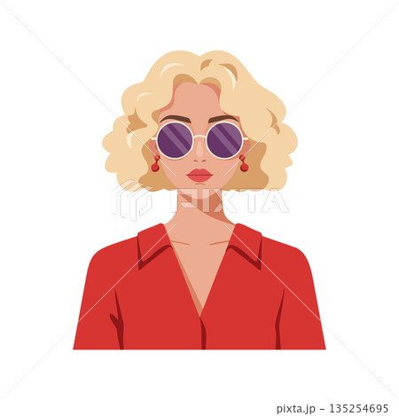 Woman with blonde curly hair wearing red blouse and round sunglasses stylish vector portrait illustration 135254695