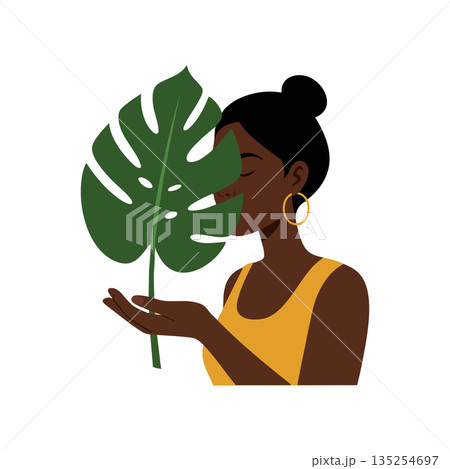 Woman holding green monstera leaf with closed eyes and gold hoop earrings in yellow top vector illustration 135254697