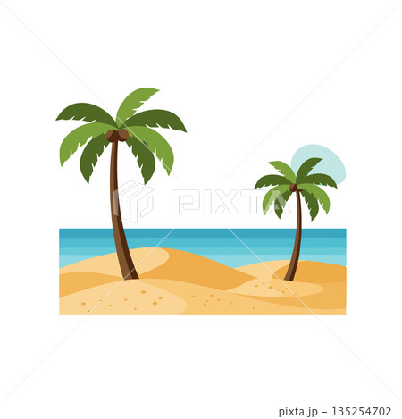Tropical beach landscape with two palm trees on sandy shore and calm ocean background vector illustration 135254702