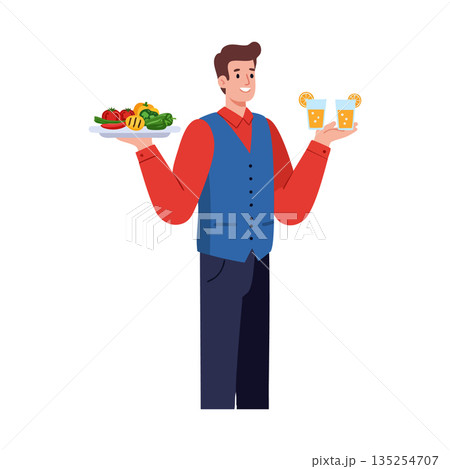 Waiter serving fresh vegetables and two glasses of lemonade with lemon slices in casual uniform vector illustration Waiter serving fresh vegetables and two glasses of lemonade with lemon slices in casual uniform vector illustration 135254707