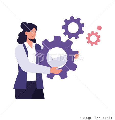 Woman holding purple gear with smaller gears floating technology concept vector illustration 135254714