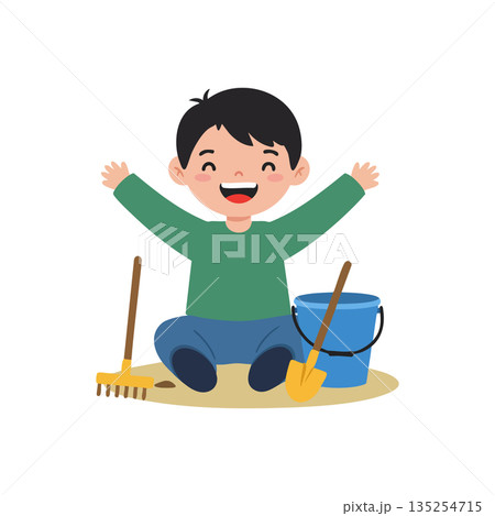 Happy little boy sitting on ground with garden tools and bucket in playful outdoor scene vector illustration 135254715