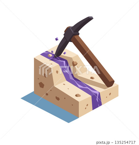 Pickaxe breaking rock with purple crystal vein mining vector illustration in isometric style for game or design projects 135254717