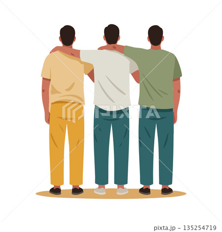 Three men standing together with arms around each other in casual clothing vector illustration 135254719