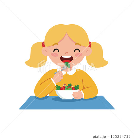 Happy little girl eating fresh vegetable salad at table cheerful lifestyle vector 135254733