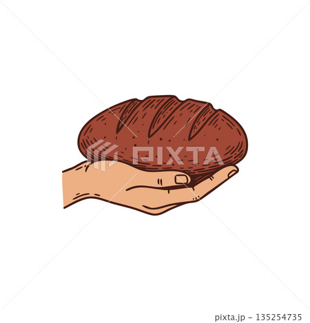 Hand Holding Fresh Rustic Brown Bread Loaf Vector Illustration Natural Food Bakery Concept 135254735