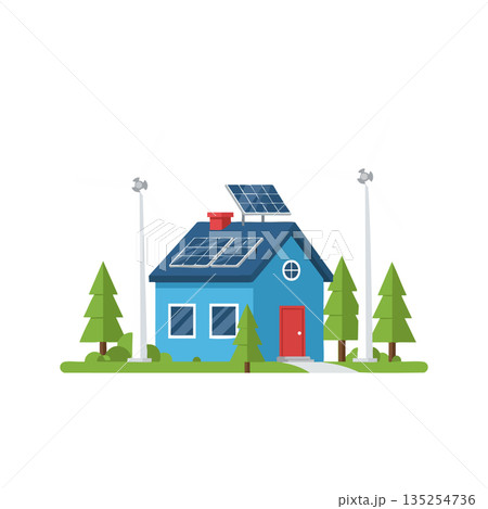 Blue House with Solar Panels and Wind Turbines Surrounded by Pine Trees Vector Illustration 135254736