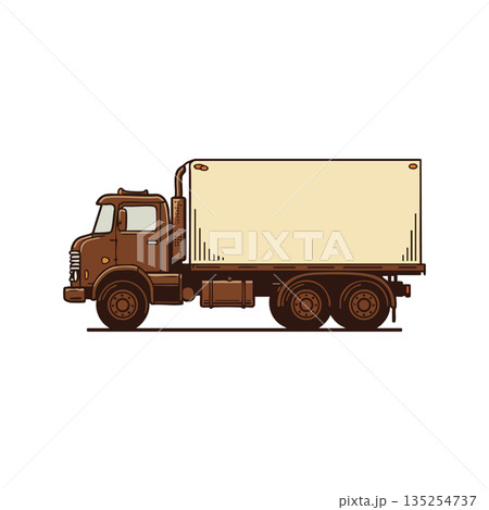 Vintage brown delivery truck side view vector illustration with beige cargo container Vintage brown delivery truck side view vector illustration with beige cargo container 135254737