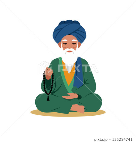 Elderly man meditating in green robe with blue turban and prayer beads sitting cross-legged vector illustration Elderly man meditating in green robe with blue turban and prayer beads sitting cross-legged vector illustration 135254741