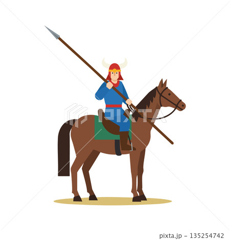Viking warrior with spear riding horse in traditional helmet and blue outfit vector illustration Viking warrior with spear riding horse in traditional helmet and blue outfit vector illustration 135254742