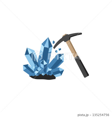 Blue crystal cluster mining with pickaxe tool vector illustration for geology and mineral extraction concepts 135254756