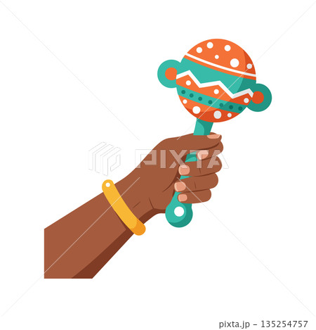 Hand holding colorful maraca musical instrument in simple flat style vector illustration for music and celebration concepts Hand holding colorful maraca musical instrument in simple flat style vector illustration for music and celebration concepts 135254757