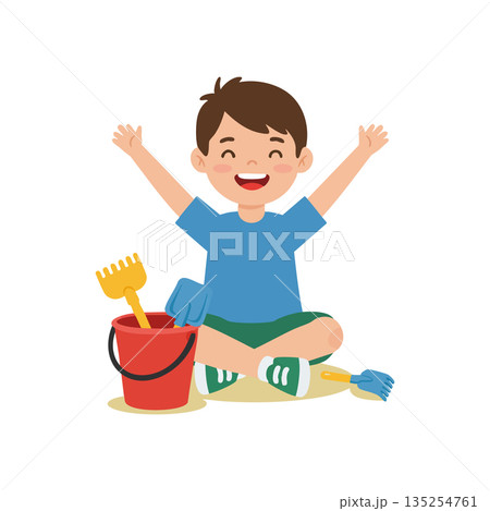 Happy boy playing with sand bucket and shovel toys sitting cross legged in casual clothes vector illustration Happy boy playing with sand bucket and shovel toys sitting cross legged in casual clothes vector illustration 135254761