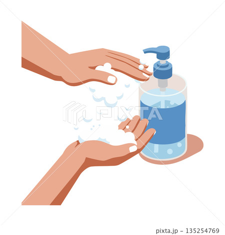 Hand washing with soap dispenser hygiene cleanliness prevention health care daily routine vector illustration Hand washing with soap dispenser hygiene cleanliness prevention health care daily routine vector illustration 135254769
