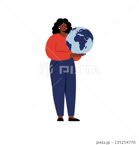 Woman holding globe earth illustration representing global awareness and environmental responsibility concept vector Woman holding globe earth illustration representing global awareness and environmental responsibility concept vector 135254770