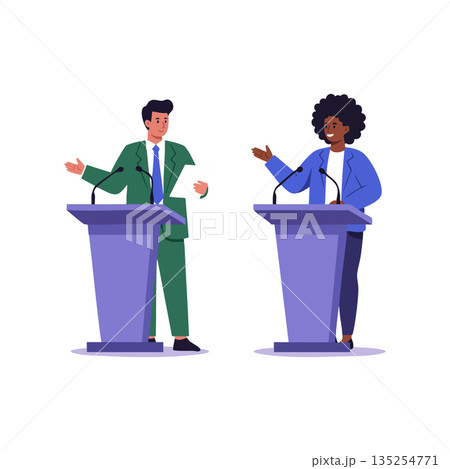 Two diverse people debating on podiums during professional conference or political event vector illustration 135254771