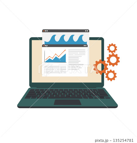 Laptop computer with data analytics charts and gear wheels showing system settings and optimization for business efficiency vector illustration Laptop computer with data analytics charts and gear wheels showing system settings and optimization for business efficiency vector illustration 135254781